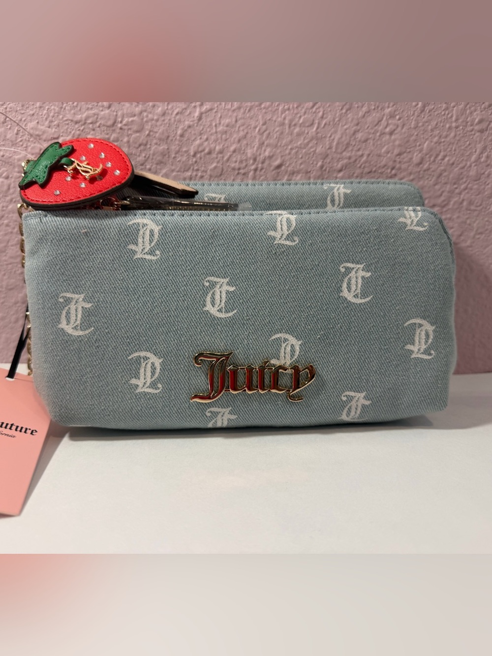 Juicy Couture Denim Days Wallet Wristlet Light Washed Denim Strawberry Charm NWT